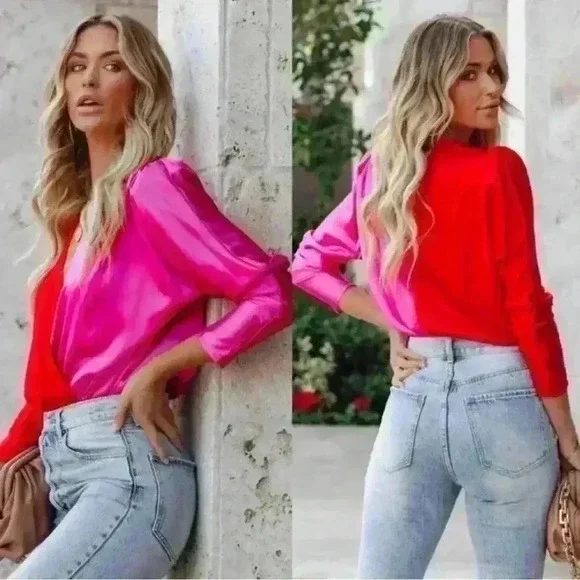 Two tone pink and red satin bodysuit - Picture 2 of 8